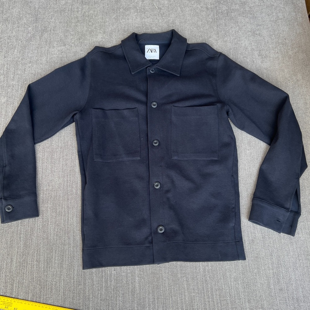 Zara Overshirt Mens L Navy Textured Long Sleeve Collared Chest Pocket Button Up